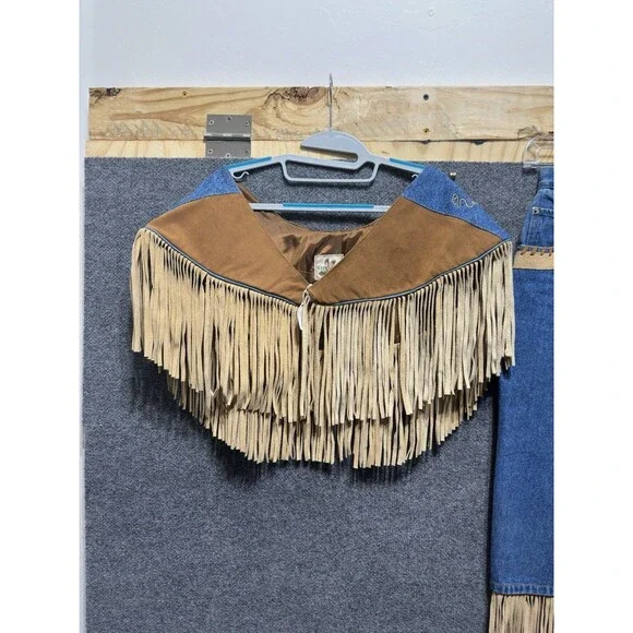 Vintage SapMan Western 80’s Denim Fringe Skirt Midi W/ Poncho Size 5/6 - Picture 3 of 13